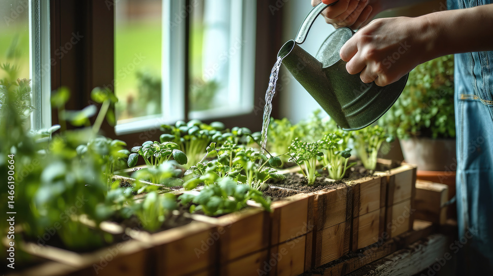 Home gardening wooden box indoor plant watering green herb sunlight window fresh growth care nurturing. person waters lush green herbs wooden boxes by sunny window creating peaceful indoor garden