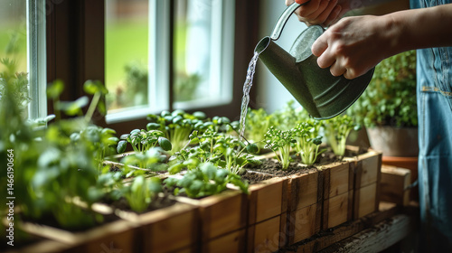 Obraz na płótnie Home gardening wooden box indoor plant watering green herb sunlight window fresh growth care nurturing. person waters lush green herbs wooden boxes by sunny window creating peaceful indoor garden w salonie