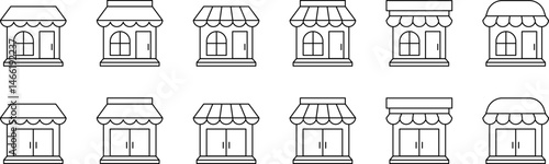 Store icon set. Store icon in line style. Retail icon set. Store symbol. Shop icon set. Shop symbol. Store Building. Shop building. Vector illustration.