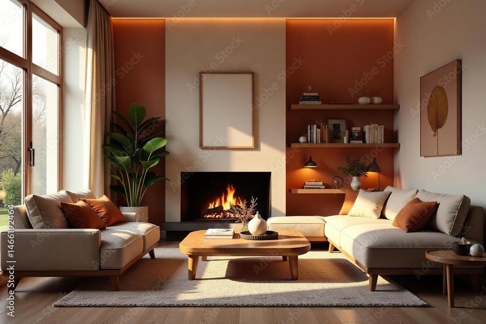 Fototapeta premium Cozy living room, warm lighting, comfy furniture, connection, warm colors