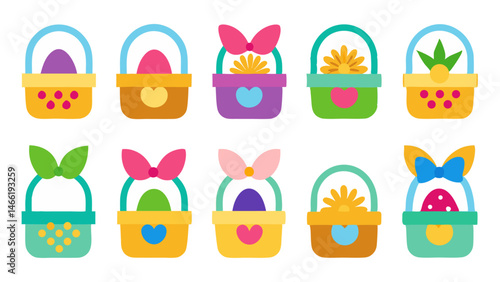 Easter Baskets Set Isolated on White Background Featuring Traditional Spring Elements