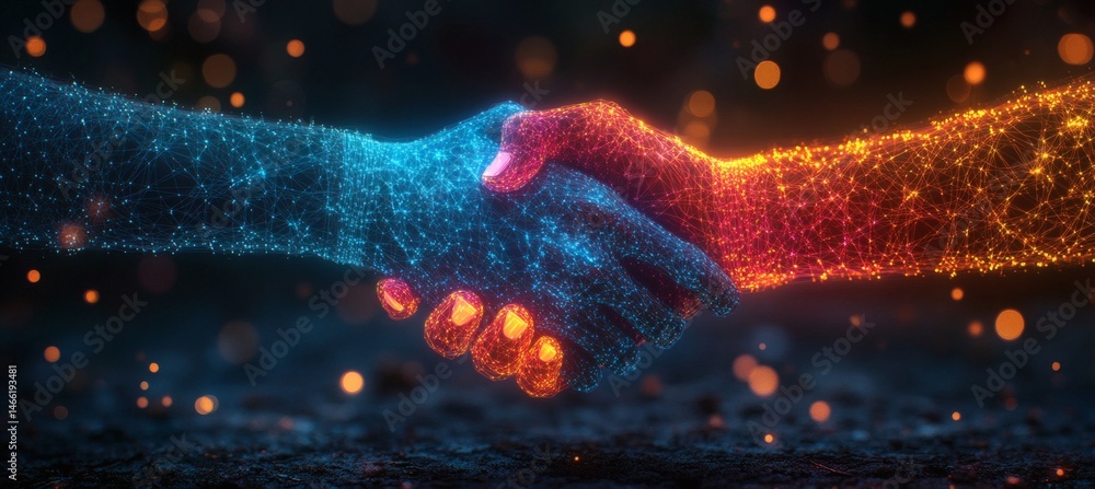 Two hands shaking in the shape of an abstract digital network design, symbolizing collaboration and business, against a blue background with geometric patterns,