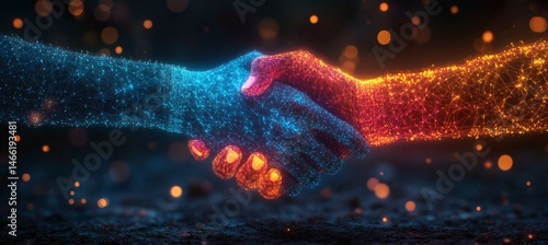 Obraz na płótnie Two hands shaking in the shape of an abstract digital network design, symbolizing collaboration and business, against a blue background with geometric patterns,
w salonie