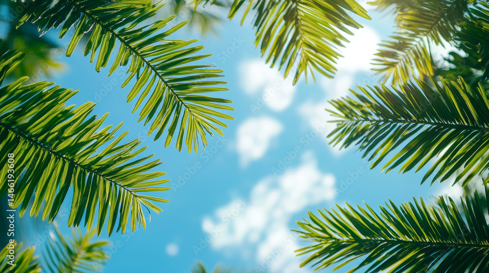 Fototapeta premium Zoomed View of Norfolk Island Pine Foliage with Sky Background and Text Space