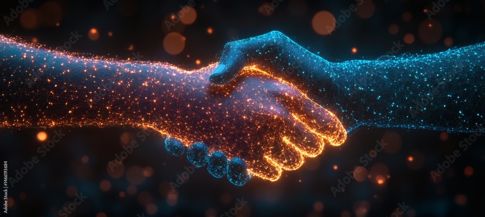 Two hands shaking as digital network shape representing technology-driven collaboration and business connection on geometric blue backdrop