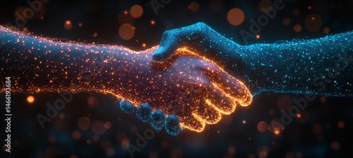 Two hands shaking as digital network shape representing technology-driven collaboration and business connection on geometric blue backdrop
