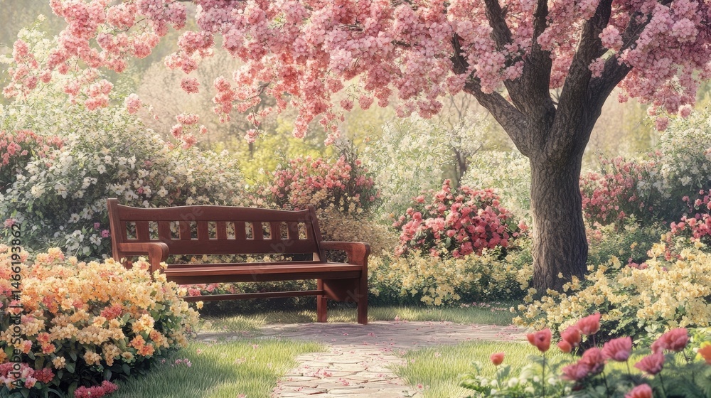 Obraz premium Garden bench under blooming tree surrounded by flowers