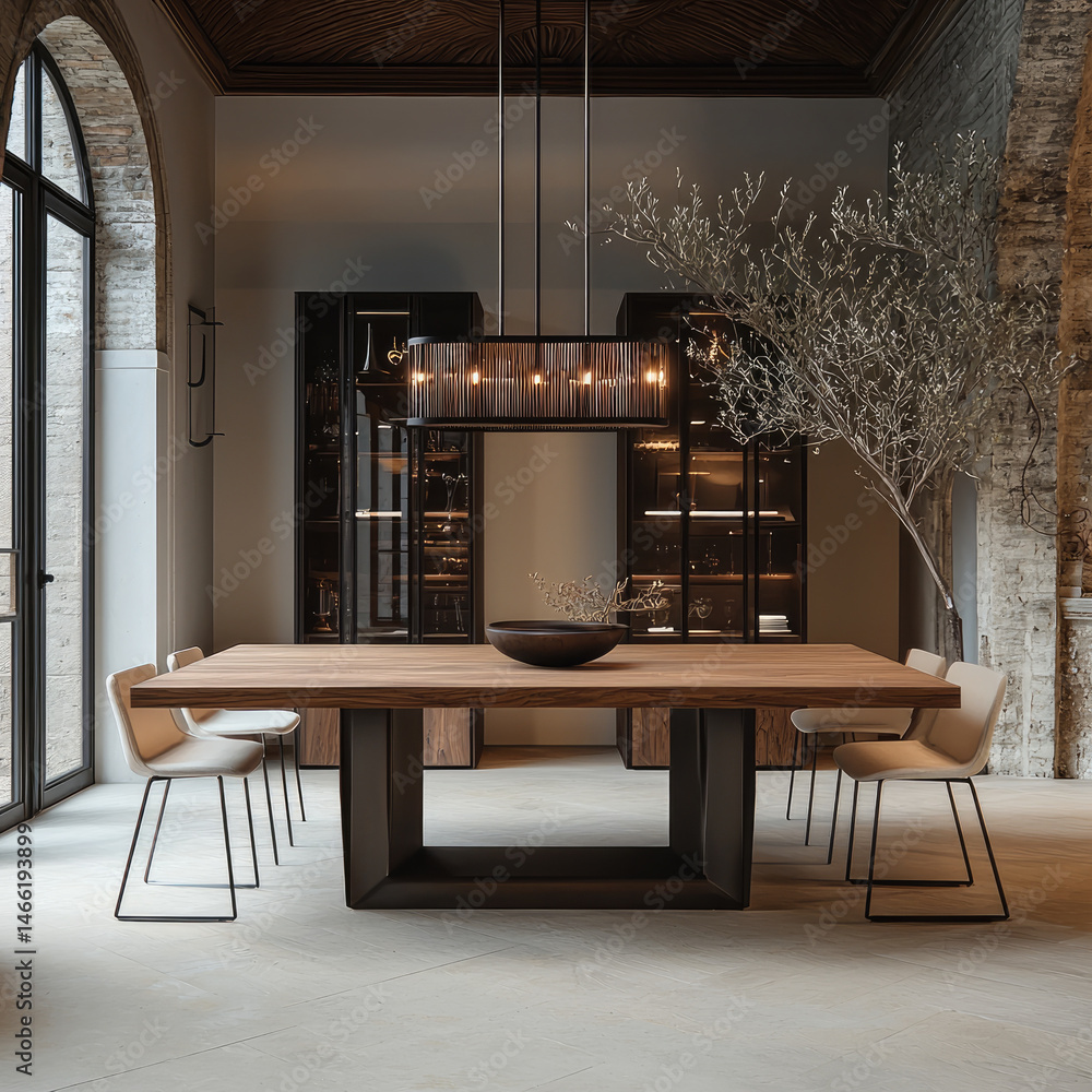 Modern dining room with wooden table, minimalist white chairs, large windows, elegant pendant lighting, and indoor tree creates warm, inviting atmosphere in contemporary interior
