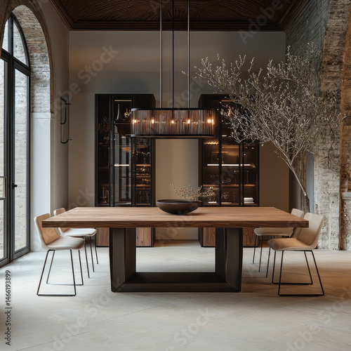 Modern dining room with wooden table, minimalist white chairs, large windows, elegant pendant lighting, and indoor tree creates warm, inviting atmosphere in contemporary interior