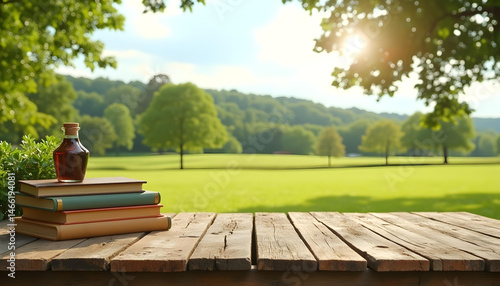 Wooden table, empty table, Green lawn, grass and sea background. hard wood table, sea, sea side, summer, outdoor, sunny day, sunlight, country side, garden, field, natural vibe, good for key up.
