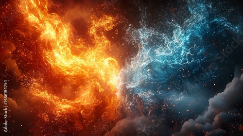 Energy balance concept with swirling liquid water and glowing fire textures 