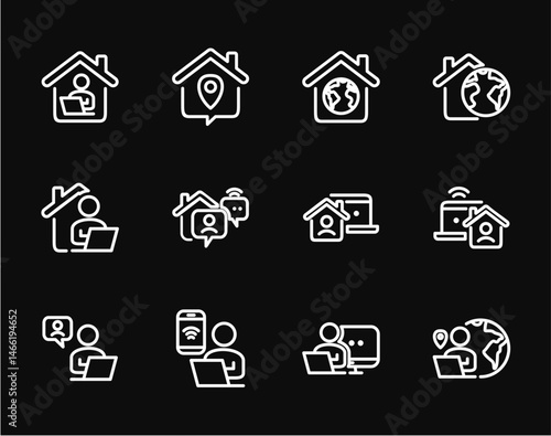 Remote Work Line Icons . Freelancer Work from Home, Video Call, Online Meeting, Teleconference Vector Set