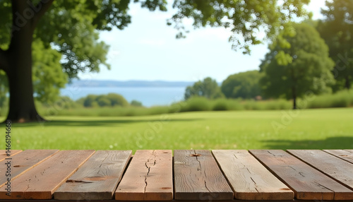 Wooden table, empty table, Green lawn, grass and sea background. hard wood table, sea, sea side, summer, outdoor, sunny day, sunlight, country side, garden, field, natural vibe, good for key up.