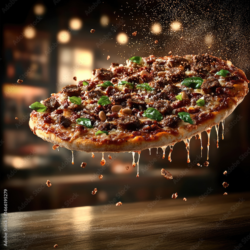 Delicious pizza with sausage, melted cheese, fresh basil, and crispy crust floating above wooden table in warm restaurant, creating mouthwatering and inviting atmosphere