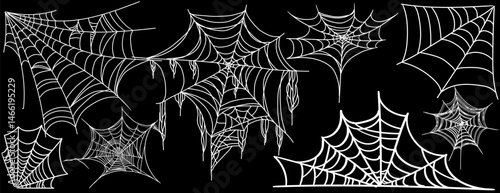 Spooky halloween old spider web with various sizes and shapes. Old cobweb set vector illustration for dark gothic decoration for holidays.