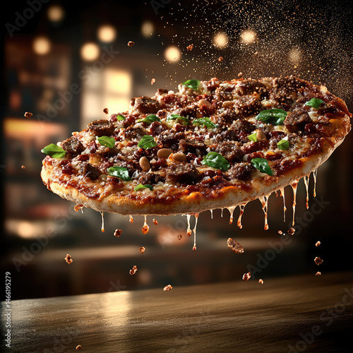 Obraz na płótnie Delicious pizza with sausage, melted cheese, fresh basil, and crispy crust floating above wooden table in warm restaurant, creating mouthwatering and inviting atmosphere w salonie