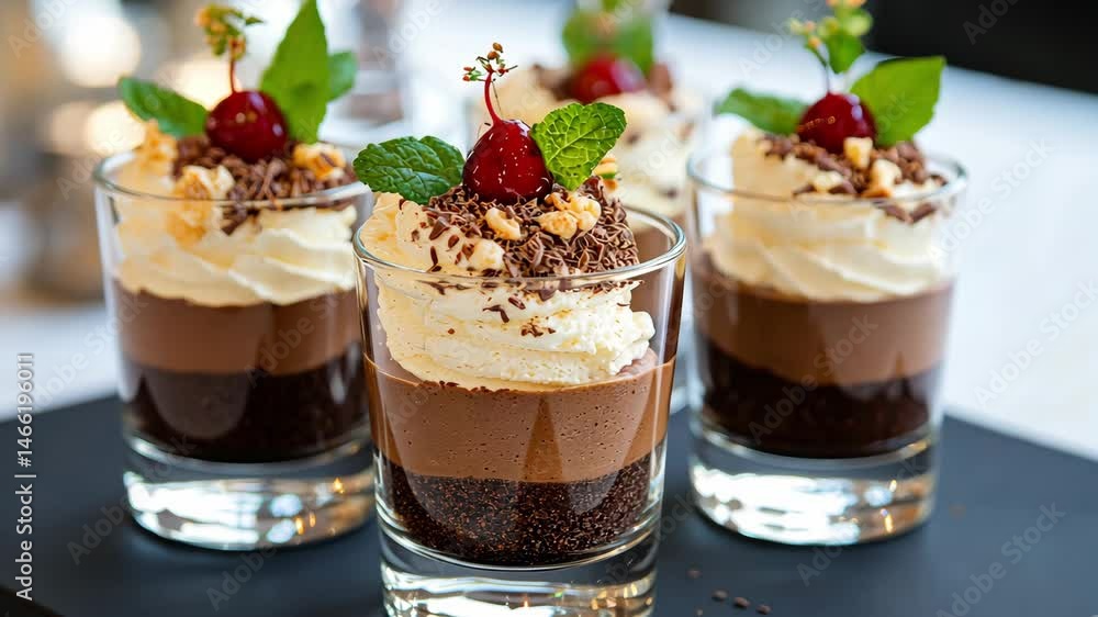 Rich Chocolate Mousse Desserts in Elegant Glass Cups with Garnish Rich Chocolate Mousse Desserts in Elegant Glass Cups with Garnish