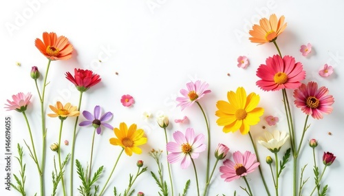 Delicate, scattered wildflowers on white background, small flowers, motif, white flowers