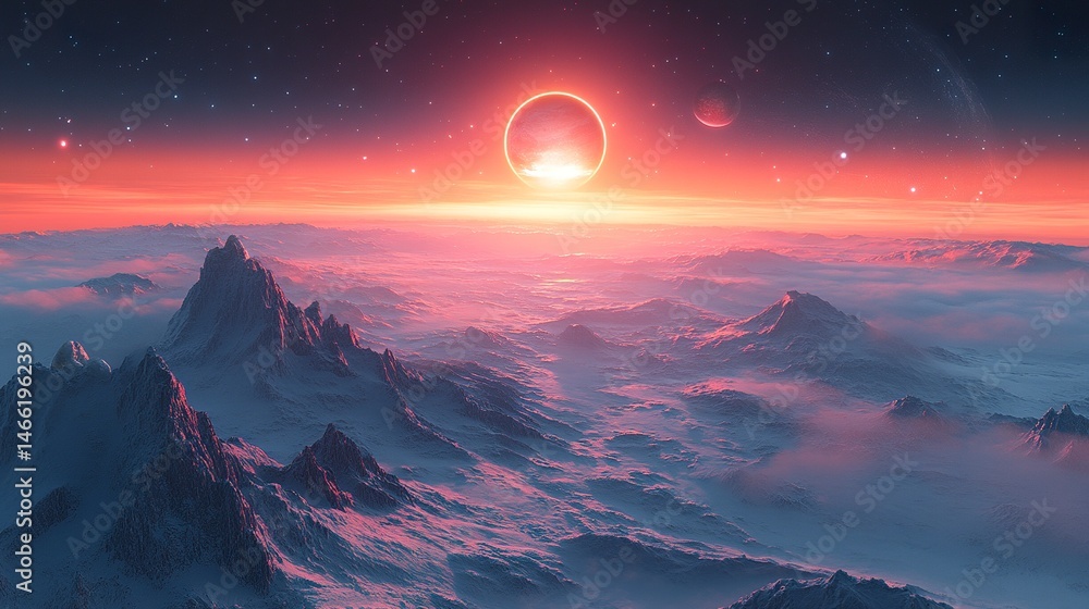 Naklejka premium Epic space fantasy scene featuring mountainous alien terrain under a cosmic sunset with visible planets 