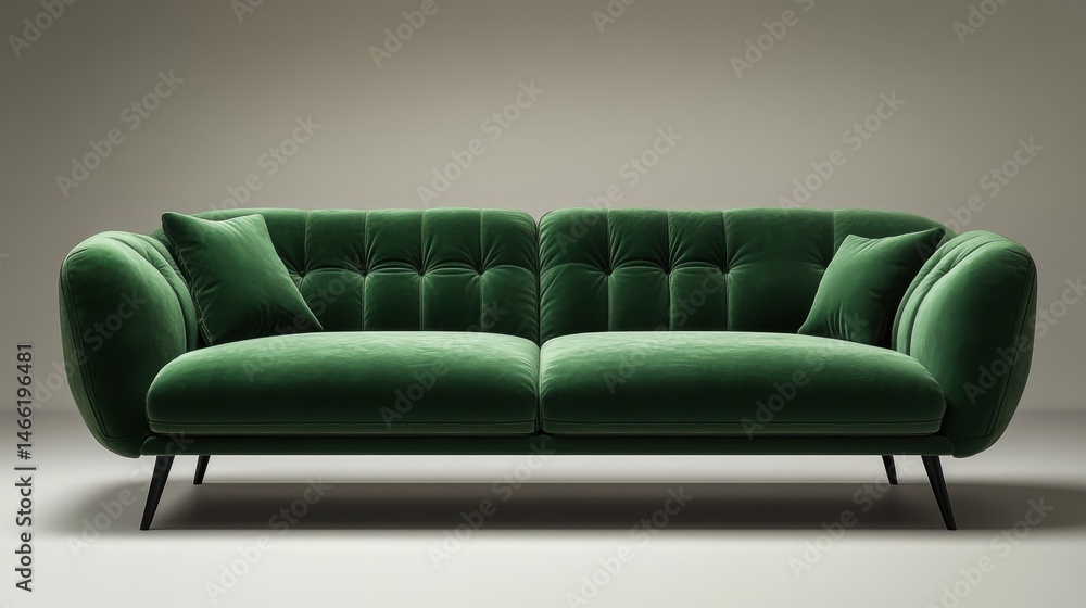 A classic fabric sofa in forest green, featuring slim black legs, set against a charcoal grey background with shadow A classic fabric sofa in forest green, featuring slim black legs, set against a charcoal grey background with shadow