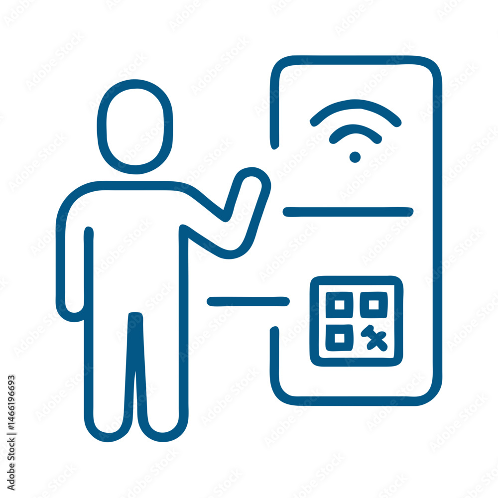 Person using smart payment system icon in blue outline vector style Person using smart payment system icon in blue outline vector style