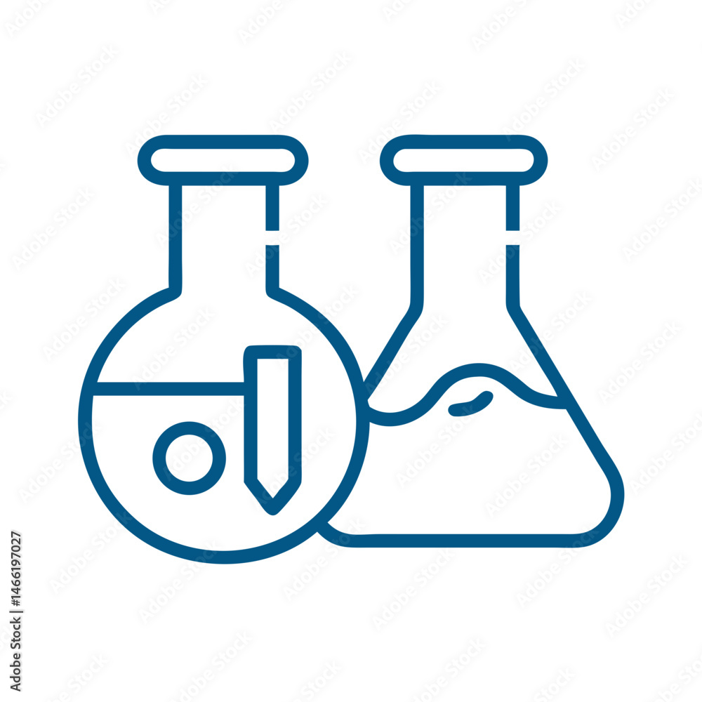Two lab flasks icon in blue outline science style Two lab flasks icon in blue outline science style