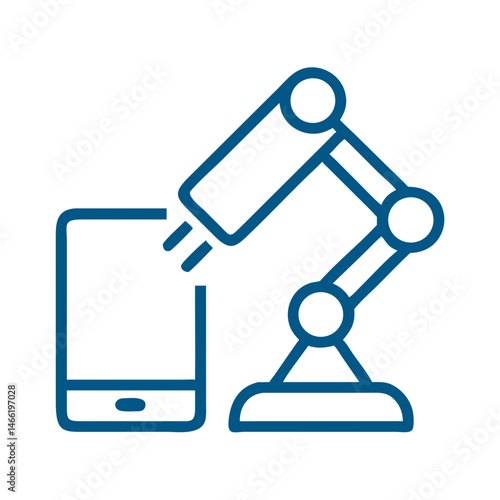 Industrial robot arm working with smartphone icon in outline style