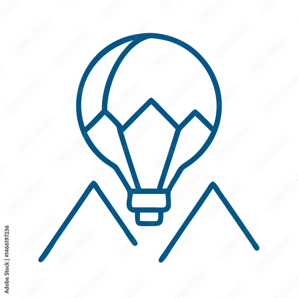 Hot air balloon over mountains icon in blue outline adventure style Hot air balloon over mountains icon in blue outline adventure style