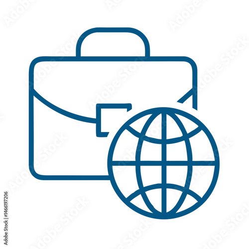 Briefcase with globe icon in blue outline global business style