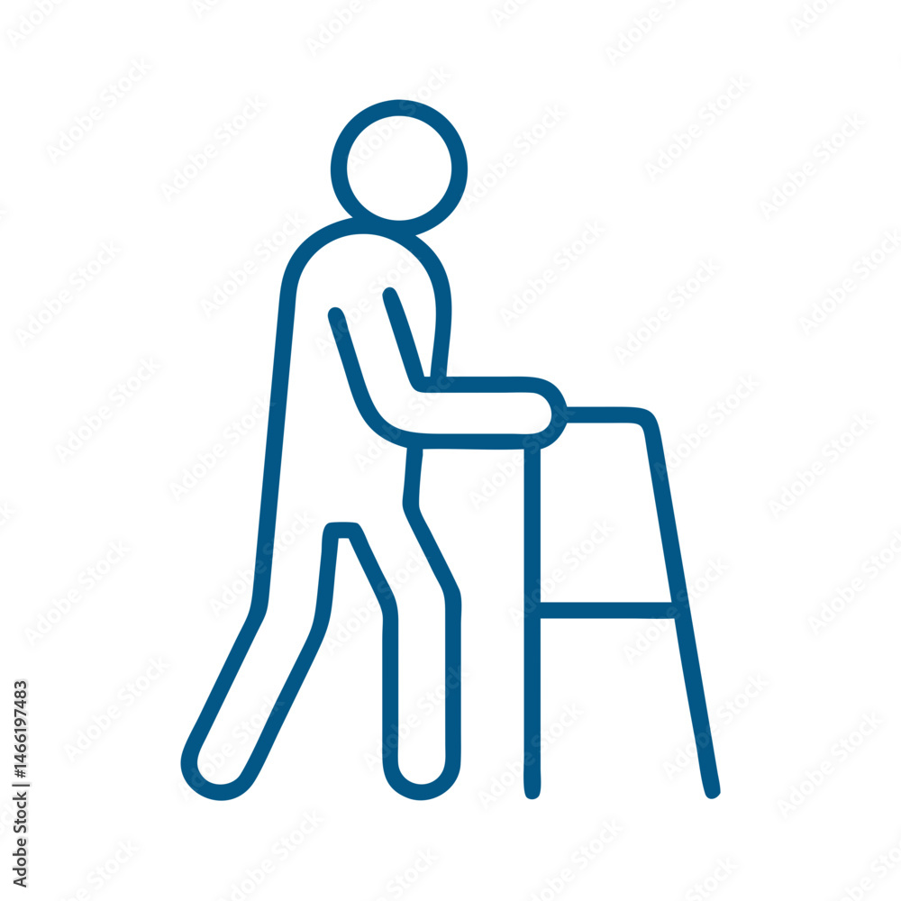Elderly person using walker icon in blue outline vector style Elderly person using walker icon in blue outline vector style