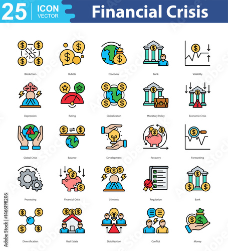 Financial Crisis icon sheet vector illustration blockchain, bubble, economic, bank, volatility, depression, rating, globalization, monetary policy, economic crisis, global crisis, balance, development
