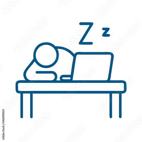 Person sleeping on desk icon in blue outline style