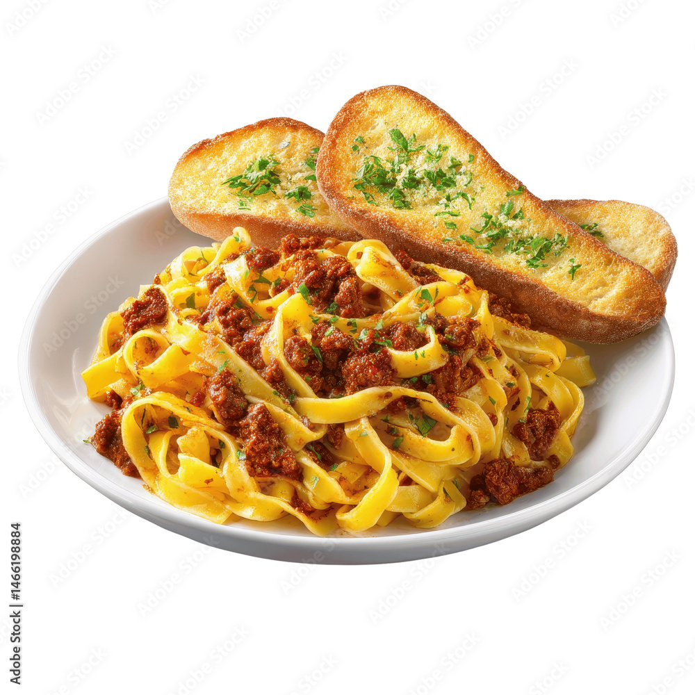 Fototapeta premium Delicious Tagliatelle with Bolognese Sauce and Garlic Bread