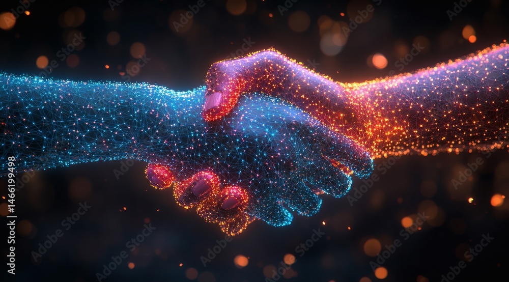 Two hands shaking as digital network shape representing technology-driven collaboration and business connection on geometric blue backdrop