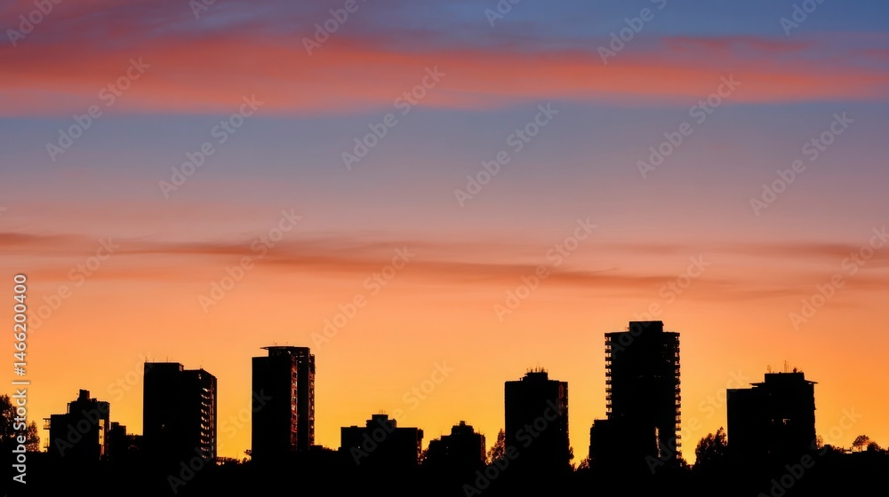 Fototapeta premium City skyline silhouette against a warm dusk sky, urban simplicity meets serene twilight.