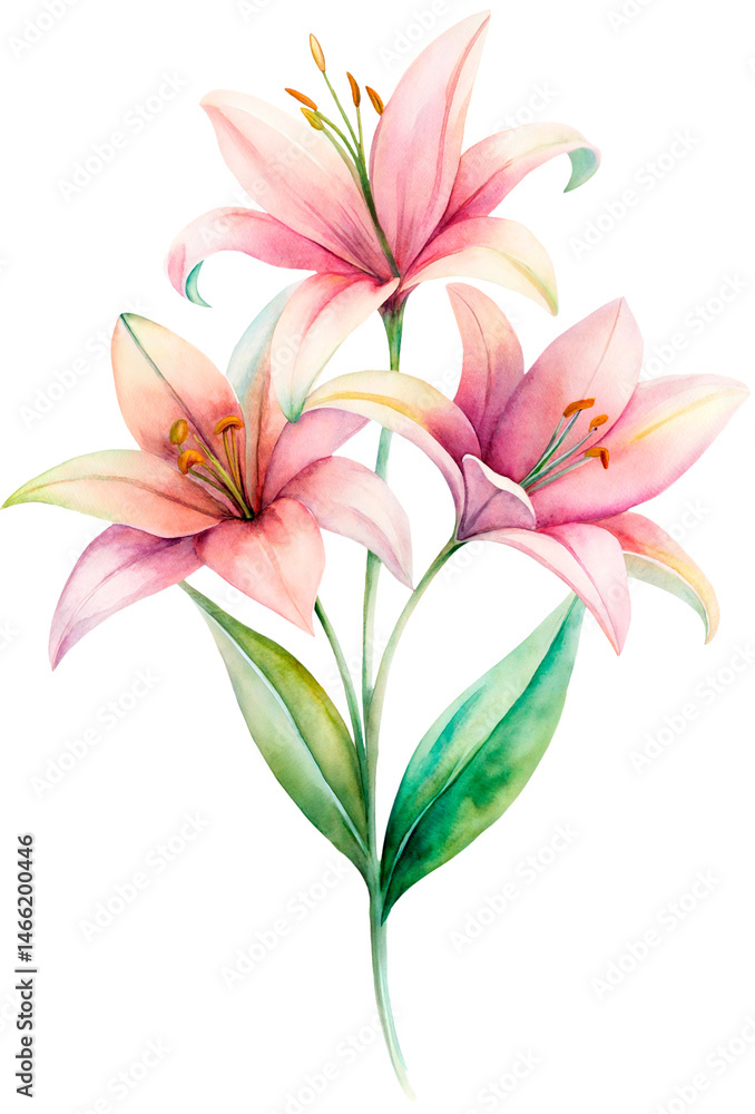 Fototapeta premium watercolor painting of lily bouquet close up isolated png