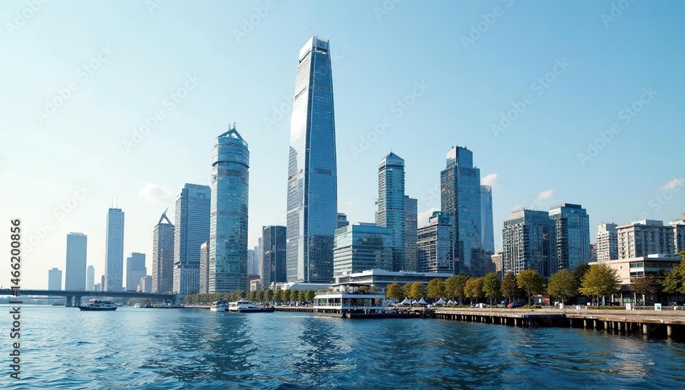 Naklejka premium Modern Tallinn cityscape, sleek buildings, harbor view, Scenery, Metal