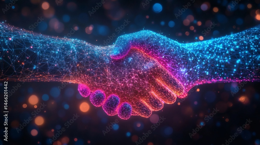 Two hands shaking as digital network shape representing technology-driven collaboration and business connection on geometric blue backdrop