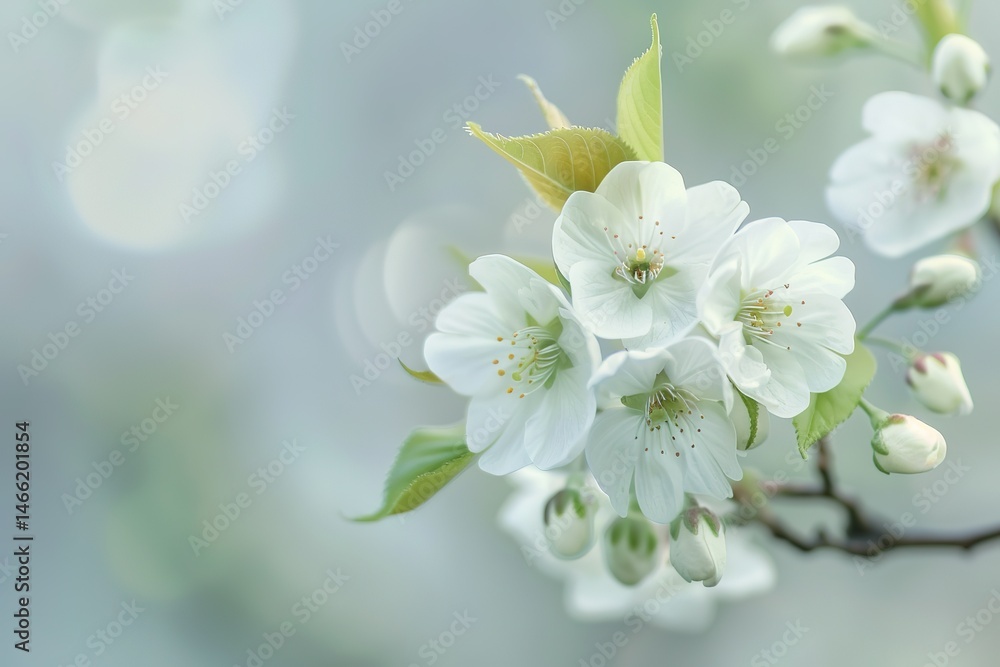 Fototapeta premium Blossoming branch: White flowers cluster with delicate petals and unopened buds