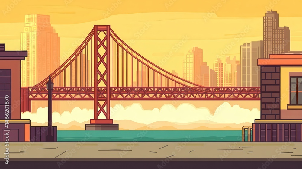 Obraz premium Golden Gate Pixelated Panorama A Nostalgic San Francisco Impression With Warm Sunset Hues Representing Retro Digital Aesthetic Charm