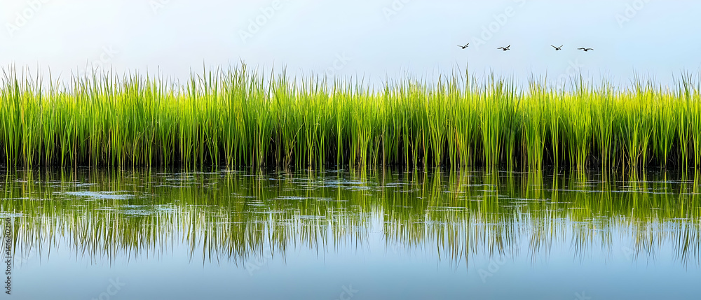 Obraz premium Tranquil Wetland Landscape Reflecting Green Vegetation