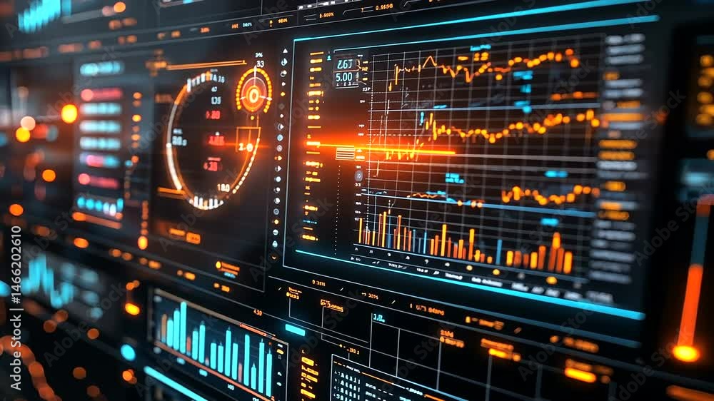 Futuristic data visualization interface displaying analytics and metrics in a tech environment Futuristic data visualization interface displaying analytics and metrics in a tech environment