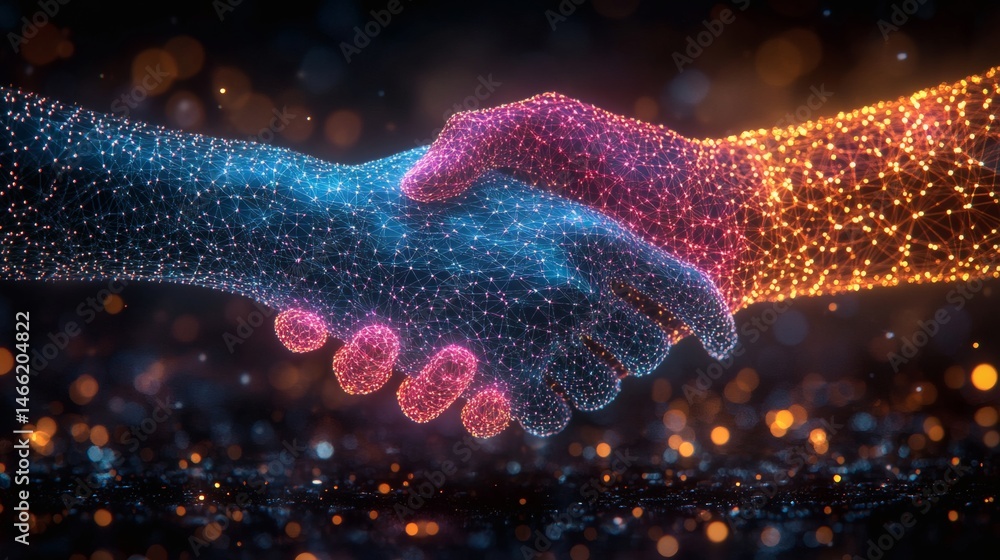 Two hands shaking as digital network shape representing technology-driven collaboration and business connection on geometric blue backdrop