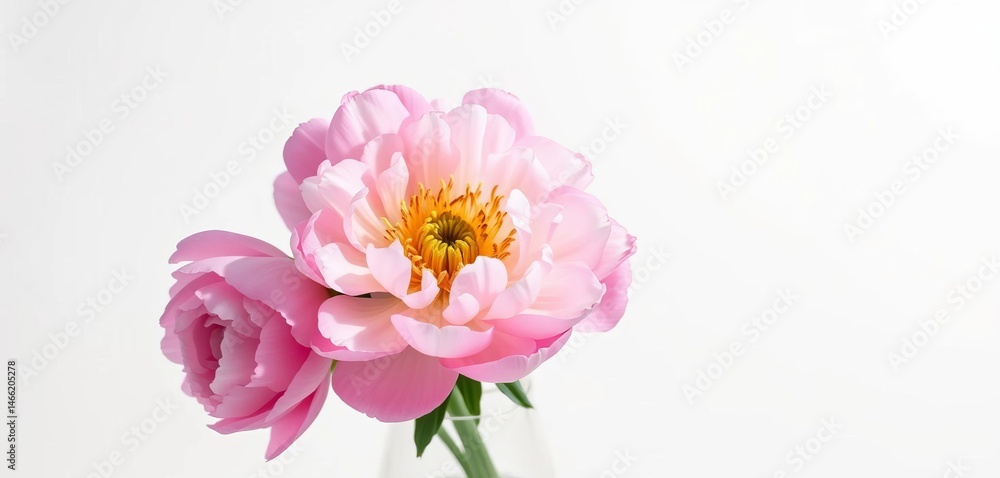 Single pink peony in a clear glass vase on white background, spring, glass vase Single pink peony in a clear glass vase on white background, spring, glass vase