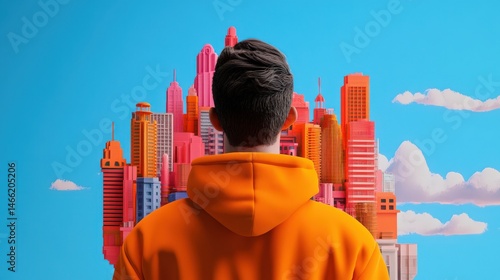 Young Man Contemplating a Vibrant, Colorful Cityscape