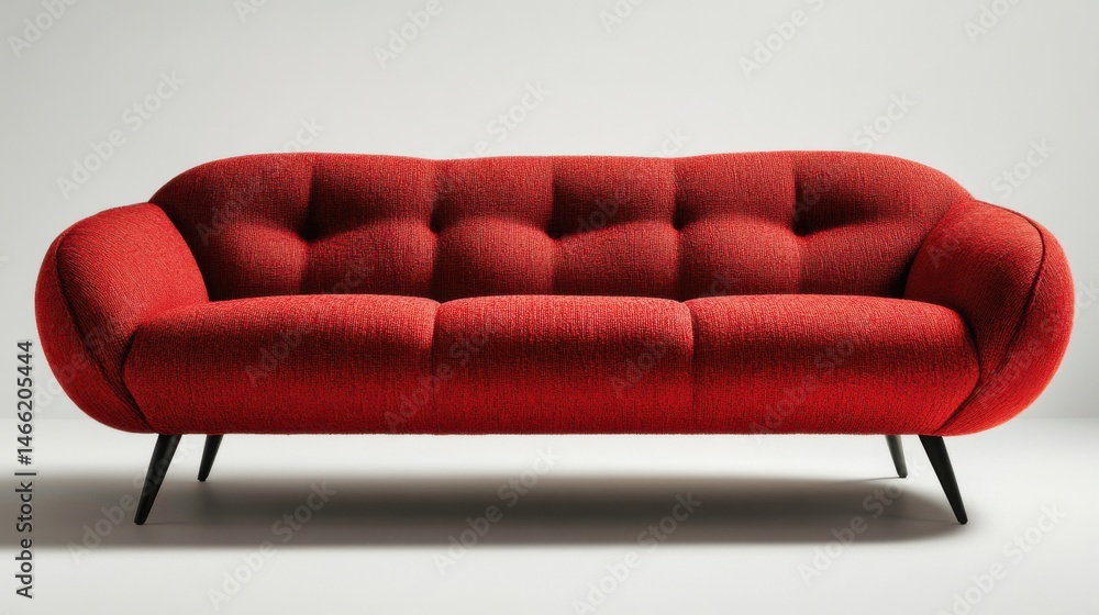 Fototapeta premium A vibrant fabric sofa in bright red, with clean black legs, placed on a light grey background with shadow 