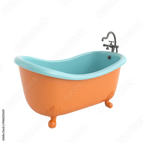 3D Bathtub with Orange and Blue Design on Transparent Background