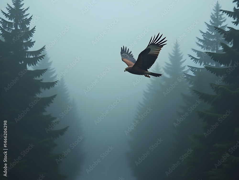 Fototapeta premium Hawk Soaring Through Misty Forest