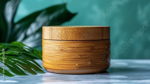 Natural bamboo cream jar on marble surface with tropical leaves