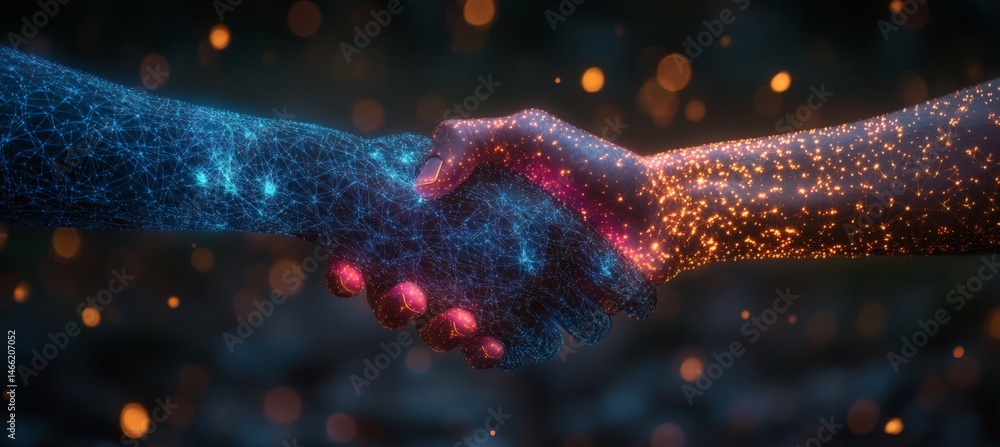 Two hands shaking as digital network shape representing technology-driven collaboration and business connection on geometric blue backdrop
